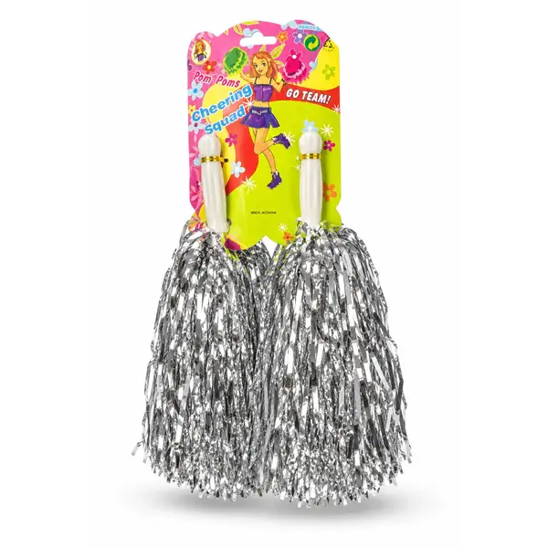 Pompone Majorete „Cheering Squad”, Set de 2 Bucăți, Accesorii Petrecere, Argintiu Metalizat