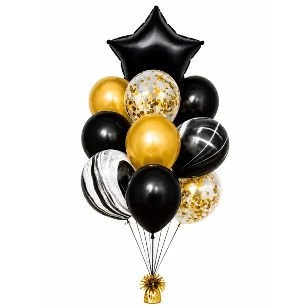 Set Baloane Petrecere, Balon Stea din Folie și Confetti, Umflare Aer/Heliu, Negru