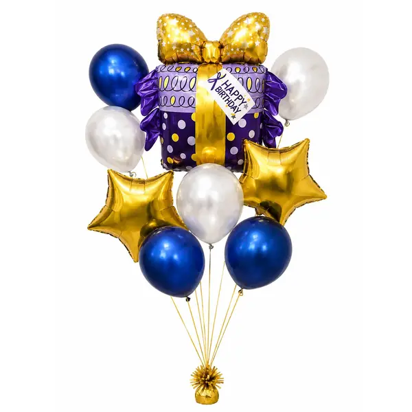 Buchet de Baloane Aniversare "Happy Birthday" – Set Cadou cu Balon Cadou Mov, Aurii și Albastre