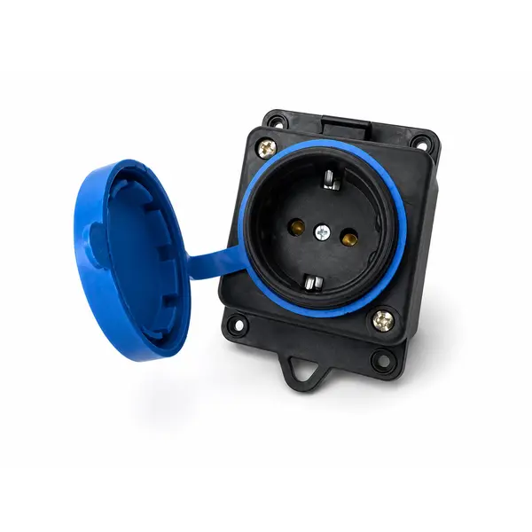 Priză Aplicată de Exterior, 16A, 250V, IP44, Carcasă Cauciuc, cu Capac de Protecție, Albastru/Negru