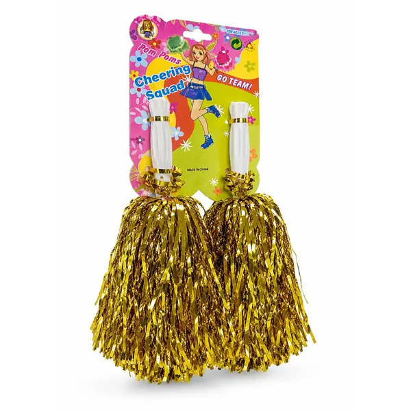 Set 2 Pompoane Majorete, Auriu Metalizat, cu Mâner de Plastic Alb, Accesorii Petrecere și Sport