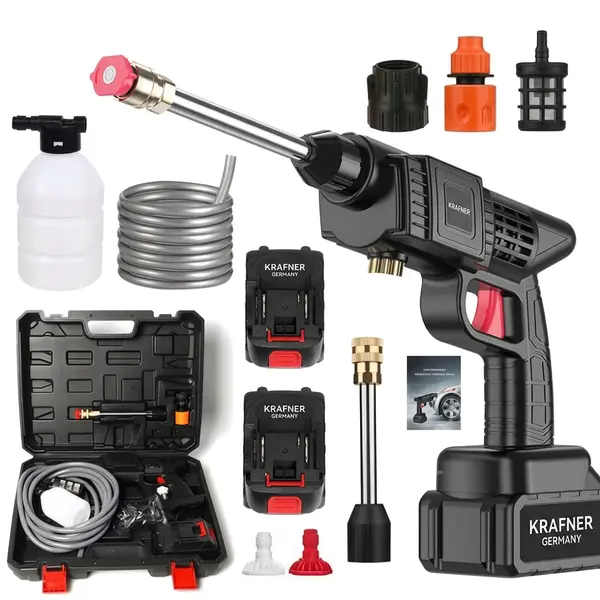 Aparat de Spălat cu Presiune Krafner Germany, Portabil, 2 Acumulatori 48V, 30 Bari, Debit 8L/min, Accesorii Incluse