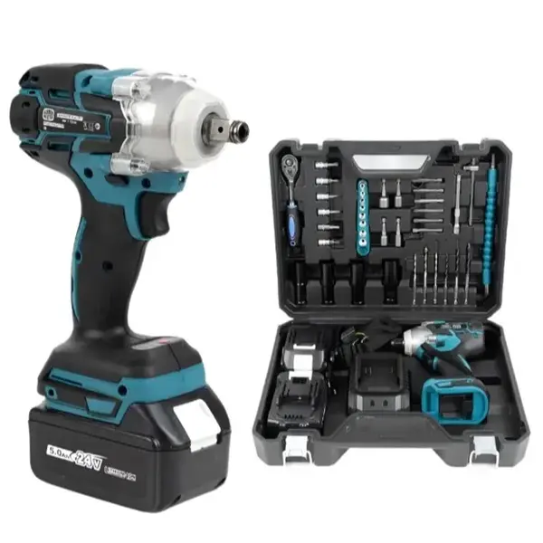 Mașină de înșurubat / Cheie de impact 550Nm, motor fără perii, 2 acumulatori 48V și set 43 accesorii cu valiză inclusă