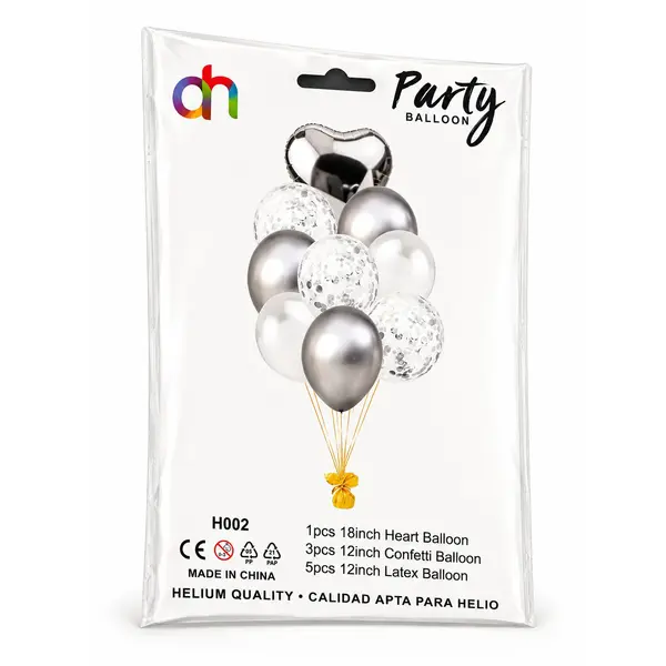 Set Complet cu Baloane din Folie și Latex, 9 Baloane, Argintiu