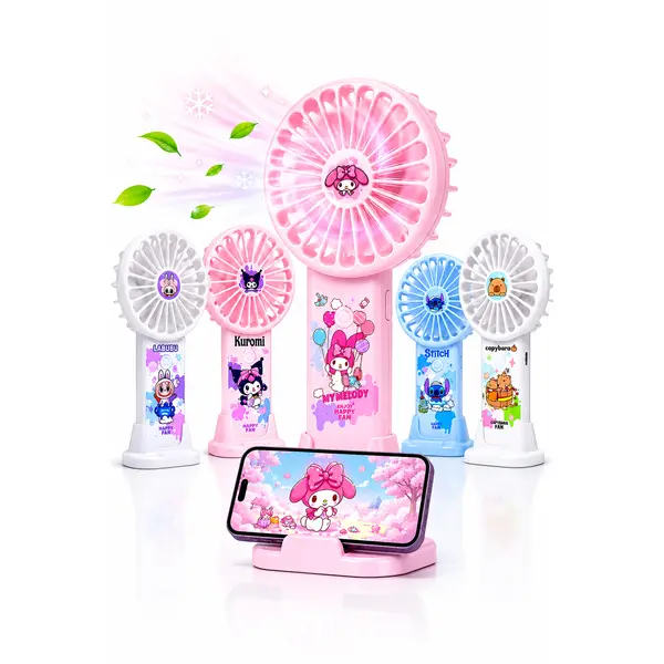 Ventilator Portabil Reîncărcabil USB cu Suport pentru Telefon, Design Personaje Kawaii, 3 Trepte de Viteză și Baterie Integrată