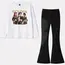 Compleu fete GOLDEN, bluză albă cu imprimeu și pantaloni negri evazați, set 6 bucăți, mărimi 6–16 ani