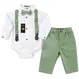 Costum bebeluși băiat verde 3 piese pantaloni body și bretele
