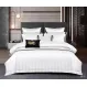Lenjerie de Pat Dublu din Damasc Premium Pucioasa, 6 Piese, Cearceaf de Pat cu Elastic 180 x 200 cm, Dungi Hoteliere, Alb, Model W-1