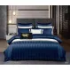 Lenjerie de Pat Dublu din Damasc Premium Pucioasa, 6 Piese, Cearceaf de Pat cu Elastic 180 x 200 cm, Dungi Hoteliere, Albastru Bleumarin, Model W-2