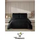 Lenjerie de Pat Dublu din Damasc Premium, 4 Piese, Cearceaf de Pat cu Elastic 180x200 cm, Model Pătrățele Negru