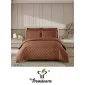 Lenjerie de Pat Dublu din Damasc Premium, 4 Piese, Cearceaf de Pat cu Elastic 180x200 cm, Model Pătrățele Maro