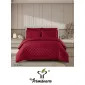 Lenjerie de Pat Dublu din Damasc Premium, 4 Piese, Cearceaf de Pat cu Elastic 180x200 cm, Model Pătrățele Bordo